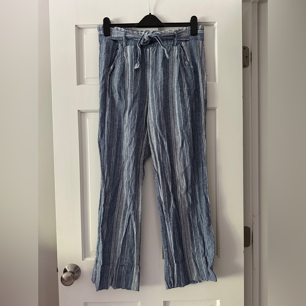 Rewind Linen Blend Striped Wide Leg Paperbag Pants